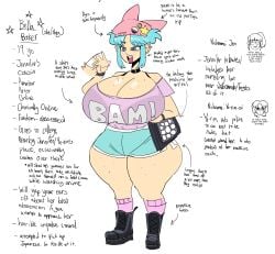 1girls big_breasts blue_hair bra braces breasts busty character_sheet clothing dotodonoto female female_only freckles huge_breasts large_breasts original original_character shirt shorts solo text text_on_clothing thick_thighs wide_hips