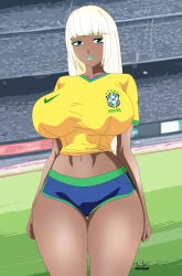 blonde_hair blue_eyes brazil dark-skinned_female douji_family_(noir-black-shooter) long_hair lulu_douji_(noir-black-shooter) noir-black-shooter oc original original_character soccer_uniform