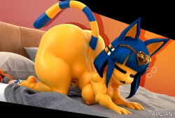 1girls animal_crossing ankha ankha_(animal_crossing) anthro ass bed big_ass blue_hair breasts cat_ears catgirl egyptian feline female furry nipples nude shortstack sleeping solo tahlian tail thick_thighs thighs yawn yellow_fur