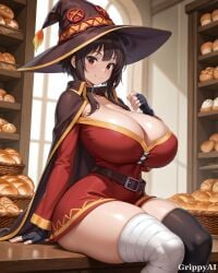1girl 2d ai_generated anime_style bakery black_gloves brown_hair cleavage counter detailed_eyes detailed_face grippyai high_quality huge_breasts indoors konosuba looking_at_viewer megumin red_dress red_eyes shiny_skin short_hair sitting smile solo witch_hat