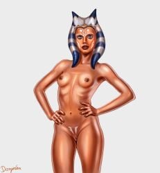 1girls ahsoka_tano alien blue_eyes breasts completely_nude dargielen female hands_on_hips nipples nude orange_skin pussy small_breasts solo star_wars togruta