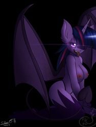 2014 animal_ears anthro black_background breasts demon_tail demon_wings equine eyelashes fangs female friendship_is_magic furry glowing glowing_eyes hair_over_one_eye highleg highleg_panties horn horse_ears kneeling looking_at_viewer multicolored_hair my_little_pony nipples purple_legwear purple_skin silverfox057 simple_background solo succubus tail thighhighs tongue tongue_out twilight_sparkle_(mlp) wings