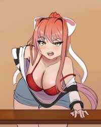 bra breasts doki_doki_literature_club flashing leaning_forward moca_1atte monika_(doki_doki_literature_club) tits