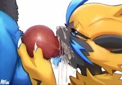 ambiguous_gender ambiguous_penetrated animal_genitalia animal_penis anthro big_knot big_penis blue_eyes blue_tongue bodily_fluids butt canid canine_genitalia canine_penis close-up cum cum_drip cum_from_mouth cum_from_nose cum_in_mouth cum_in_nose cum_inside cum_on_face dripping duo excessive_cum excessive_genital_fluids faceless_character faceless_male felid fellatio fur generation_4_pokemon generation_7_pokemon genital_close-up genital_fluids genitals hi_res knot knot_grab legendary_pokemon looking_at_genitalia looking_at_penis lucario male male/ambiguous male_penetrating male_penetrating_ambiguous mammal nintendo oral penetration penile penis penis_close-up pokemon pokemon_(species) relevancy sex side_view standing tongue tongue_out tongue_out_fellatio yellow_body yellow_fur zeraora