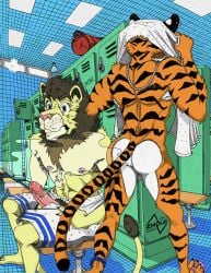age_difference anthro butt erection fart fart_cloud fart_fetish felid genitals hi_res jewelry lion lionel_(zhole) locker_room male male/male mammal pantherine penis tedros_(zhole) tiger towel towel_around_waist towel_on_head zhole