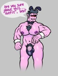 1boy 2026 2d 2d_(artwork) ages_(artist) balls_bulge bara big_pecs body_hair bowtie bulge bunny_ears bunnysuit chest_hair chest_tuft daddy daddy_dearest demon detailed_bulge dialogue dilf english_text feet_out_of_frame friday_night_funkin grey_background grey_hair hair half_naked humanoid male_focus mature mature_male muscles muscular muscular_male navel nipples pecs penis penis_outline pink_body pink_skin pubes pubic_hair purple_nipples shirtless shirtless_male solo stubble teeth text thong topless topless_male wrist_cuffs