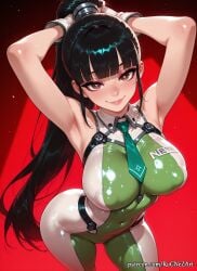 1girl 2026 ai_generated anime armpits arms_behind_head arms_up bangs bare_shoulders black_hair blunt_bangs blush bodysuit boobs breasts brown_eyes cleavage closed_mouth covered_navel covered_nipples crossover eve_(stellar_blade) eye_contact female female_focus flushed gloves green_bodysuit handwear heart heart-shaped_pupils highres huge_breasts large_breasts lips long_hair looking_at_viewer necktie neutral_expression nsfw patreon patreon_username ponytail red_background rognezart shift_up shiny shiny_clothes skin_tight smile smiling solo stellar_blade symbol-shaped_pupils very_long_hair white_gloves