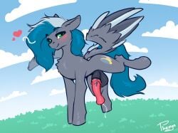animal_genitalia animal_penis blush cutie_mark equid equine equine_genitalia equine_penis fan_character feathers feral genitals grey_body grey_feathers hasbro hi_res looking_at_viewer male mammal my_little_pony mythological_creature mythological_equine mythology outside pegasus penis phenyanyanya smile smiling_at_viewer solo wings