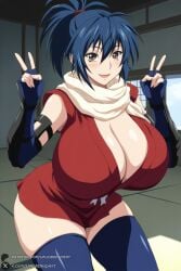 1female 1girl 1girls 2026 ai_generated artist_name bangs big_ass big_breasts blue_hair blue_thighhighs blush breasts brown_eyes cleavage curvy double_v elbow_gloves fingerless_gloves gloves hair_between_eyes hi_res high_quality high_resolution highres huge_ass huge_breasts japanese_clothes looking_at_viewer manyuu_chifusa manyuu_hikenchou ninja open_mouth patreon patreon_username ponytail scarf smile solo thighhighs thighs unjobdespiert v watermark