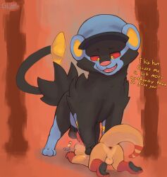 absurd_res animal_genitalia anthro anthro_on_feral anus backsack balls bestiality bodily_fluids clothing dialogue dominant duo english_text feline_genitalia feral generation_4_pokemon genitals glibnel hat headgear headwear hi_res huge_filesize luxray male male/male mammal musk mustelid nintendo odds_(glibnel) otter pawpads paws peaked_cap penis penis_on_head pokemon pokemon_(species) smile stepped_on sweat talking_to_another text trampling