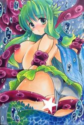 breasts bubble censored clothing female green_eyes green_hair highres large_breasts long_hair marker_(medium) mermaid monster_girl nipples octopus original panties pussy solo star star_censor traditional_media twobee underwater very_long_hair