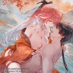 1boy 1girl 2026 after_kiss ai_generated autumn autumn_leaves bare_shoulders black_bow black_hair blush bow braid breasts brown_hair changli_(wuthering_waves) clothed_female_nude_male cocomiyart collarbone cowgirl_position earrings eye_contact girl_on_top gradient_hair hair_bow hair_ornament hetero highres japanese_clothes jewelry kimono large_breasts long_hair long_sleeves looking_at_another mixed-sex_bathing multicolored_hair nipples nsfw nude onsen open_mouth orange_kimono outdoors pink_hair ponytail pussy saliva saliva_trail sex shared_bathing sitting_on_person straddling tongue tongue_out uncensored upright_straddle vaginal water white_hair wide_sleeves wuthering_waves yellow_eyes