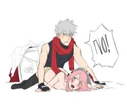 1boy 1girls black_legwear blush doggy_style emma_burrito female fingerless_gloves from_behind gloves green_eyes grey_hair hatake_kakashi human long_hair male naruto nipples non_con open_mouth panties pink_hair sakura_haruno scar scarf straight teacher_and_student thighhighs topless