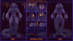 16:9 4k absurd_res alien alien_genitalia anthro arthrolisk carapace claws digital_media_(artwork) english_text erection facial_expressions front_view genitals hi_res long_tongue male model_sheet multiple_images muscular muscular_anthro muscular_male nude nude_anthro nude_male open_mouth penis purple_body rear_view reptile scalie simple_background snake snake_hood solo spazman stinger stinger_tail tail text toe_claws tongue tongue_out widescreen yellow_eyes