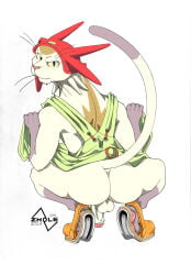 backsack balls betelgeusian butt clothing exhibitionism felid feline genitals hat headgear headwear hi_res humanoid looking_back male mammal meow_(space_dandy) mooning penis raised_tail solo space_dandy tail whiskers zhole