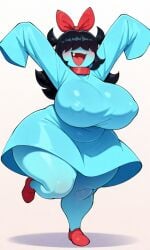 1girl ai_generated aqua_(deltarune) blush breasts deltarune deltarune_chapter_5 fang female full_body gigantic_ass gigantic_breasts happy hyper nipple_bulge solo stable_diffusion