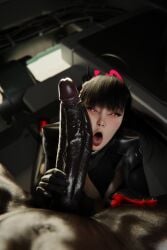 1boy 1girls 3d after_oral big_penis black_hair blender blue_archive dark-skinned_male image_set light-skinned_female ninjin3d pov red_eyes rio_(blue_archive)