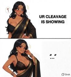 ai_generated bra bra_strap_is_showing_(meme) cleavage dark-skinned_female grok_imagine indian indian_female jewelry meme nose_ring saree slutty_female tagme