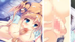 bed blue_eyes blush breasts brown_hair censored cum cunnilingus facial fellatio female game_cg kanojo_ga_ore_ni_kureta_mono._ore_ga_kanojo_ni_ageru_mono. kojima_alice long_hair mosaic_censoring nipples onomatope oral paizuri penis pillow pussy shiratama tied_hair twintails