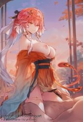 1boy 1girl 2026 ai_generated autumn_leaves bare_shoulders braid breasts breasts_out changli_(wuthering_waves) clothed_female_nude_male cocomiyart cowgirl_position dress girl_on_top gradient_hair hair_ornament hetero highres japanese_clothes kimono large_breasts long_hair long_sleeves multicolored_hair nipples nsfw nude obi off_shoulder orange_hair orange_kimono parted_lips ponytail pussy sash sex smile solo_focus straddling uncensored vaginal white_hair wide_sleeves wuthering_waves yellow_eyes