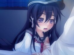 admiral_(kantai_collection) akatsuki_(kantai_collection) black_hair blue_eyes blush cum cum_on_body cum_on_hair cum_on_upper_body female handjob hat kantai_collection long_hair neckerchief onsen_tamago_(nurumayu_onsen) open_mouth penis school_uniform serafuku skirt solo_focus