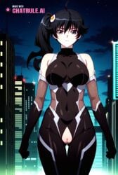 1girl ahoge ai_assisted ai_generated anime_coloring armor bare_shoulders black_bodysuit black_eyes black_hair city cityscape clouds cowboy_shot crotchless curvy dark_theme detailed_eyes detailed_pussy egg_hair_ornament elbow_gloves fishnets gloves high_contrast kagami_hirotaka karen koukawa_oboro looking_at_viewer neon_lights night night_sky outdoors shining_eyes side_ponytail soft_shading taimanin_asagi_zero taimanin_suit thigh_gap visible_pussy