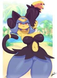 anthro biped blush breasts clothed clothing eyelashes felid feline female genitals hi_res mammal navel no_underwear outside pal_(species) palmorph palworld pocketpair pupils red_eyes sekhmet_(pal) smile solo stretching tail thick_thighs vixie00 vulva wide_hips