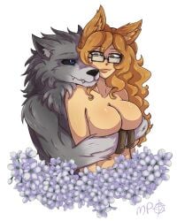 black_nose black_sclera blue_eyes commission digital_media_(artwork) duo ears female flowers fur furry grey_body grey_fur grey_hair long_hair male male/female orange_body orange_hair original original_character transparent_background