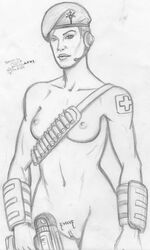 ammo_belt beret breasts clitoris evolve female gun headset insignia korblborp line_art pencil short_hair val valerie_wolski weapon