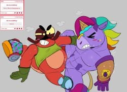 berry_(brawl_stars) blushing bobmacvosky brawl_stars clancy_(brawl_stars) crustacean frotting furry_only horse size_difference steamy strawpage_request sweating tagme tattoo