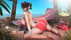 1girls ass beach big_ass big_breasts bikini breadblack breasts brown_hair deck_chair feet female femscout gloves headset kneeling looking_at_viewer looking_back ponytail posing sideboob solo solo_female swimsuit swimwear tagme team_fortress_2