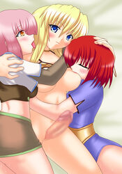 1futa 2girls blonde_hair blue_eyes blush closed_eyes dancer_(ragnarok_online) dickgirl erection face_licking female female_with_female foreskin fully_retracted_foreskin futa/female/female futa_on_female futa_sans_balls futanari human hunter_(ragnarok_online) intact monk_(ragnarok_online) mosaic_censoring mosaic_censorship nipple_sucking orange_eyes penis pink_hair pussy ragnarok_online red_hair shaved_crotch smooth_penis sweat tongue_out uncut