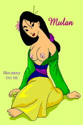 1990s 1998 1girls 20th_century asian barefoot blucanary breasts character_name disney disney_princess fa_mulan female female_only front_view green_background green_theme human mulan nipples sitting solo tagme text