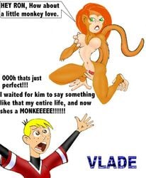 1boy 1girls anthro disney english_text female fur furry haplorhine human kim_possible kimberly_ann_possible male monkey monkey_feet monkey_girl prehensile_feet primate pussy ron_stoppable species_transformation straight straight_hair tagme text transformation vlade