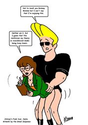 2004 blonde_hair brown_hair cartoon_network clothed_sex clothing crossover daria daria_morgendorffer dialogue female glasses human johnny_bravo johnny_bravo_(series) male saiyaman speech_bubble straight text white_background