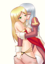 blonde_hair breasts breasts_out dancer dancer_(ragnarok_online) green_eyes grey_hair high_priest high_priest_(ragnarok_online) kissing nipples no_panties ragnarok_online