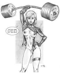 1girls 2008 black_and_white breasts caitlin_fairchild catthouse_studios dc dc_comics dialogue exposed_breasts female female_only functionally_nude gen¹³ lifting_weights monochrome partially_clothed solo speech_bubble tcatt text weightlifting weights wildstorm workout