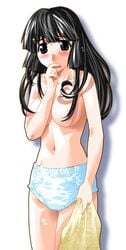 1girls black_hair blush elfen_lied no_bra nozomi okamoto_lynn shadow solo tagme topless white_background