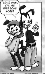 2006 animaniacs annie-mae anthro bottomless bulge clothes english_text feral fur furry male male_only monochrome multiple_males pussy_juice smile standing tagme text topless wakko_warner yakko_warner