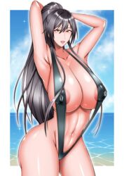 areola_slip armpits arms_up barely_clothed beach black_bikini black_hair black_swimsuit brown_eyes cleavage curvaceous curvy exhibitionism glistening hands_behind_head huge_ass huge_breasts idolmaster idolmaster_shiny_colors long_hair mature_female micro_bikini milf nipple_bulge nipples_visible_through_clothing open_mouth plump puni2brain shirase_sakuya showing_off sling_bikini thick_thighs useless_clothing voluptuous