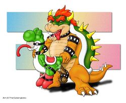 2boys anal anal_sex animal_penis anthro artist_name ball_separator ball_stretcher balls ballsack bara barbed_balls barbed_penis beige_countershading bound bowser claws closed_eyes cock_ring color cum cybergecko erection furry gay gay_sex green_head green_shell green_skin horns insertion interspecies koopa long_tongue male male/male male_only mario_(series) masculine mature_male nintendo nude_male ochre_skin orange_hair penis penis_in_anus red_eyes scrotum sex shell side_view size_difference smooth_penis spiky_shell standing tail testicles tongue tongue_out toony white_countershading yaoi yoshi