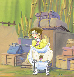 1girls artist_request boots bottomless clothes day dennis_clark disney disney_princess dress dress_lift female female_only footwear front_view going_commando hairy_pussy human jane_porter long_dress long_labia long_skirt no_panties outdoors pubic_hair pussy pussy_hair skirt skirt_lift solo solo_female squatting tarzan_(1999_film) updress upskirt yellow_dress yellow_skirt