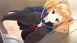 anus ass bathroom black_legwear blonde_hair censored female game_cg highres legs looking_down ojou-sama_wa_katai_no_ga_osuki!_shinsei_naru_joshiryou_nikki panties panty_pull pazma pubic_hair pussy red_eyes satofuji_masato school_uniform shoes skirt solo squatting thighs tied_hair twintails underwear