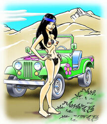 barefoot_on_grass black_hair crystal_(scooby-doo_and_the_alien_invaders) dennis_clark excessive_pubic_hair hanna-barbera headband hippie lowres necklace nipples nonsexual_nudity nude outdoors pubic_hair scooby-doo scooby-doo_and_the_alien_invaders solo tagme vehicle zifferman