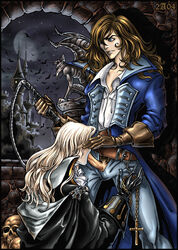 2boys alucard_(castlevania) blowjob candra castlevania castlevania:_symphony_of_the_night erection gay gothic human leather leather_gloves long_hair long_hair_male male male_only oral oral_sex penis richter_belmont sex vampire whip yaoi