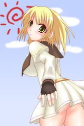 blonde_hair blush game_master game_master_(ragnarok_online) mittens ragnarok_online suprised upskirt yellow_eyes