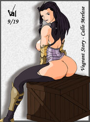 black_hair border callo_merlose character_name clothing copyright_name crate large_breasts partially_clothed sitting sitting_on_crate solo stockings tagme vagrant_story valcryst