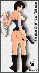 black_hair bottomless capcom exposed_breasts female female_only gun holding_gun holding_object holding_weapon human jill_valentine jill_valentine_(julia_voth) resident_evil resident_evil_3 shirt_down solo tagme valcryst