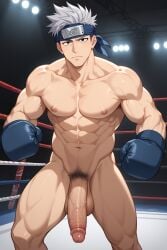 1boy ai_generated balls bara big_balls big_penis black_eyes boxing_gloves gay gay_male gay_sex gray_hair hatake_kakashi kakashihatak369 male male_focus male_only muscles muscular muscular_male naruto naruto_(series) nipples nude nude_male pectorals penis sex solo solo_focus solo_male testicles yaoi