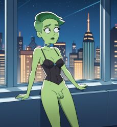 ai_generated boobly bottomless d'vana_tendi futanari green_hair green_lips green_skin small_balls small_penis star_trek_lower_decks